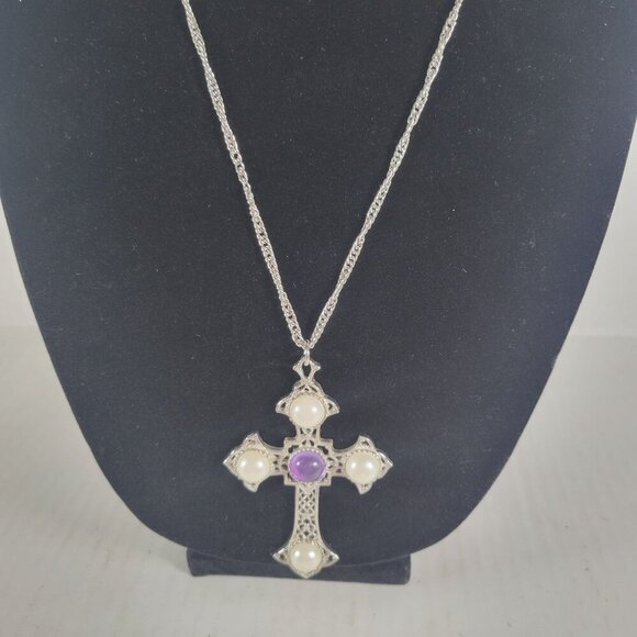 Vintage Sarah Coventry Religious Modest Silver Pearl Cross Chain 24" Necklace - Picture 2 of 5